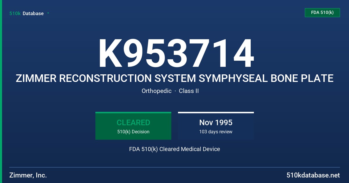 K953714 ZIMMER RECONSTRUCTION SYSTEM SYMPHYSEAL BONE PLATE FDA 510(k) Cleared Medical Device