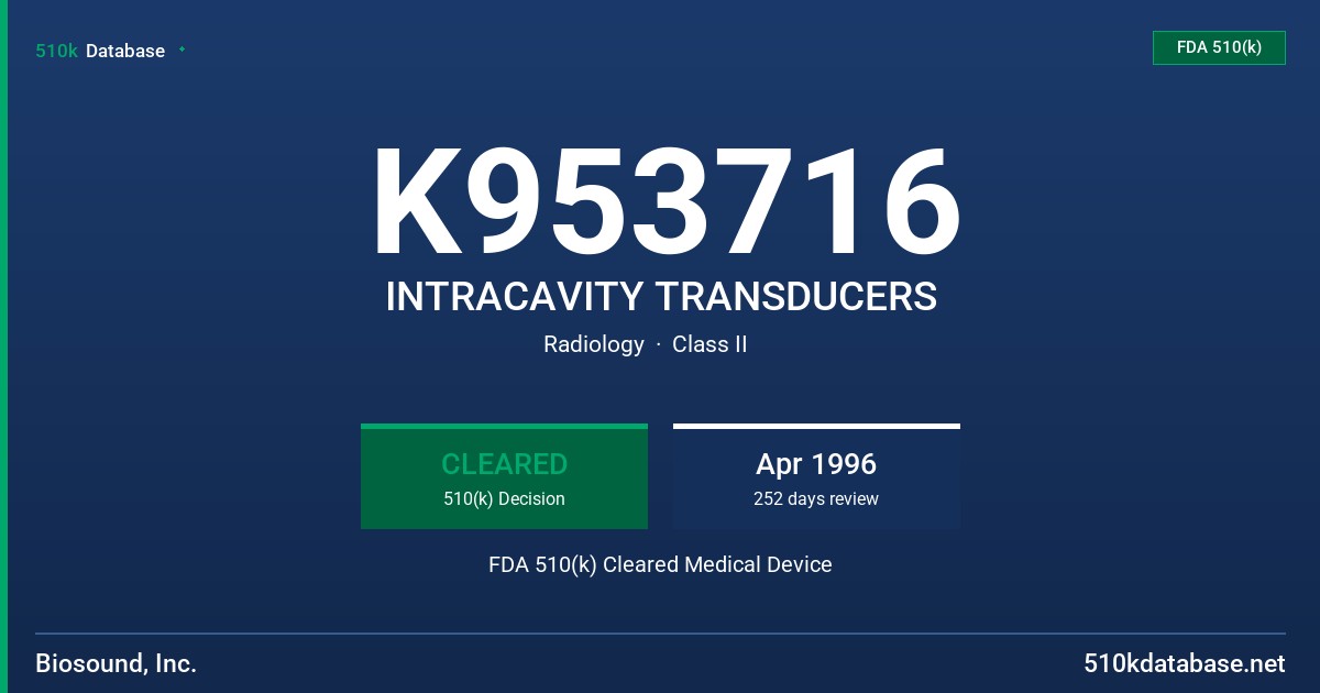 K953716 INTRACAVITY TRANSDUCERS FDA 510(k) Cleared Medical Device