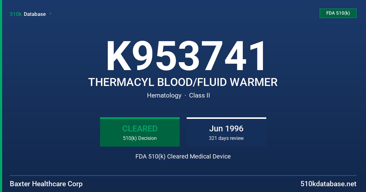 K953741 THERMACYL BLOOD/FLUID WARMER FDA 510(k) Cleared Medical Device
