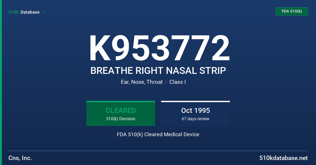 K953772 BREATHE RIGHT NASAL STRIP FDA 510(k) Cleared Medical Device