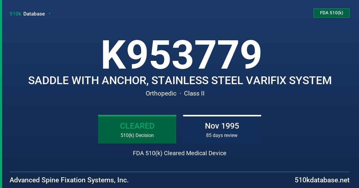 K953779 SADDLE WITH ANCHOR, STAINLESS STEEL VARIFIX SYSTEM FDA 510(k) Cleared Medical Device