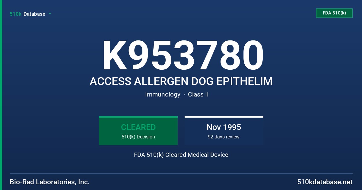 K953780 ACCESS ALLERGEN DOG EPITHELIM FDA 510(k) Cleared Medical Device