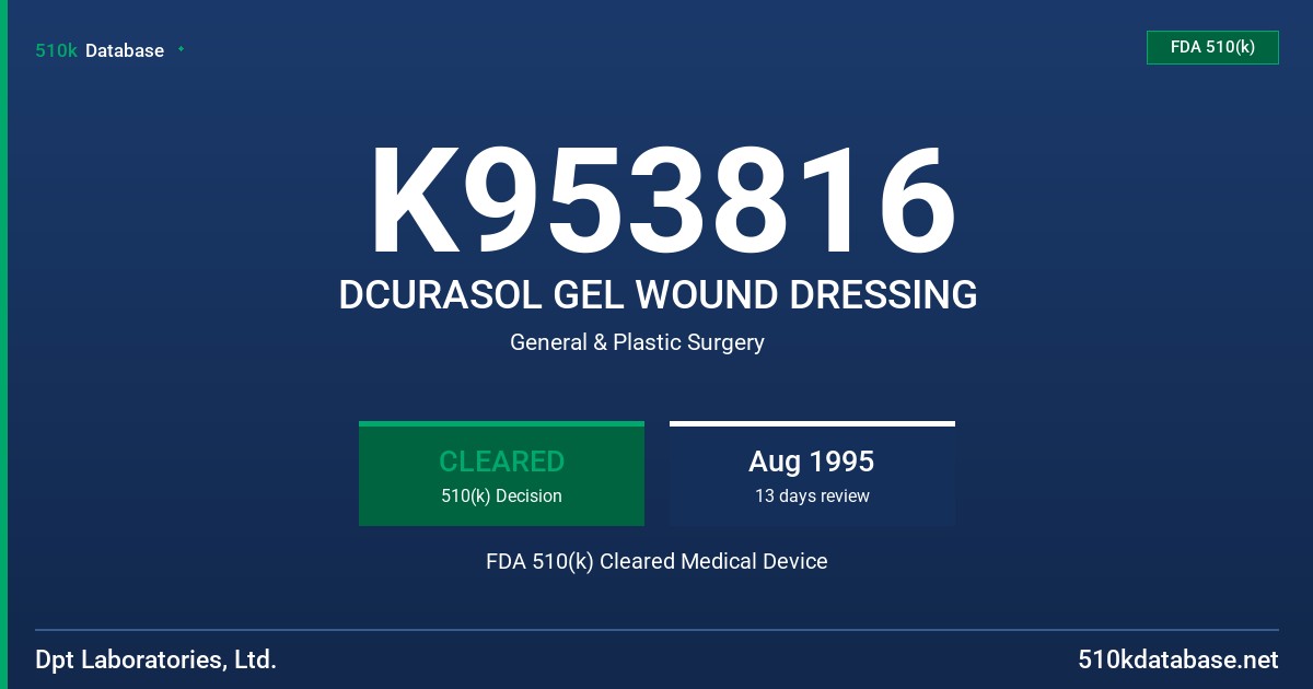 K953816 DCURASOL GEL WOUND DRESSING FDA 510(k) Cleared Medical Device