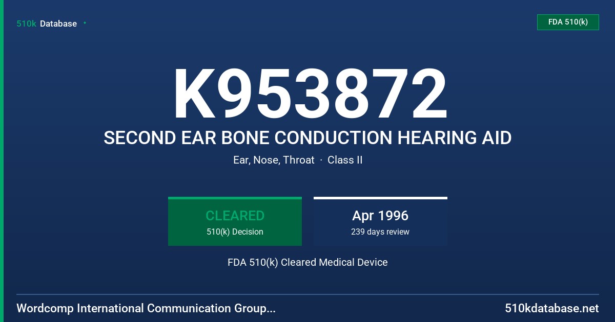 K953872 SECOND EAR BONE CONDUCTION HEARING AID FDA 510(k) Cleared Medical Device