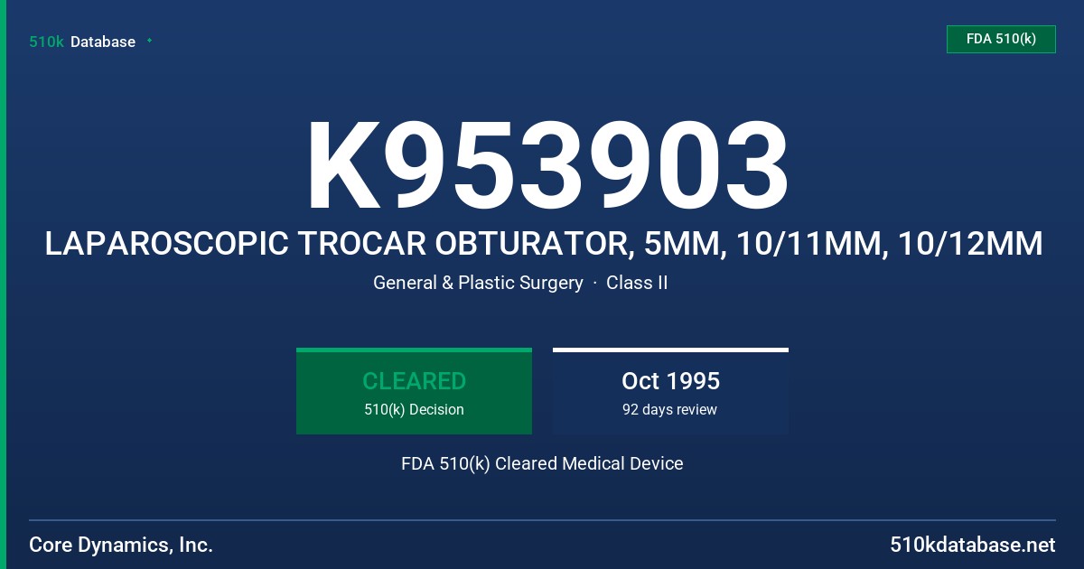 K953903 LAPAROSCOPIC TROCAR OBTURATOR, 5MM, 10/11MM, 10/12MM FDA 510(k) Cleared Medical Device