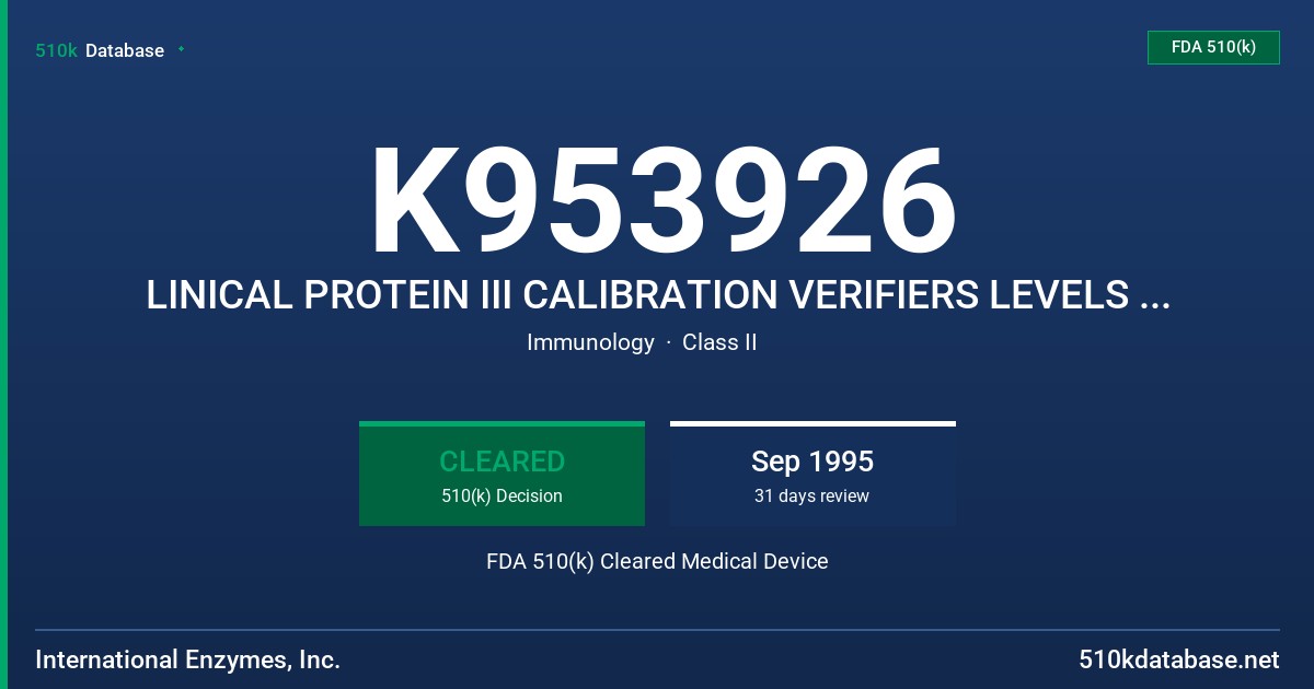 K953926 LINICAL PROTEIN III CALIBRATION VERIFIERS LEVELS A-E FOR BECKMAN ARRAY PROTEIN SYSTEM FDA 510(k) Cleared Medical Device