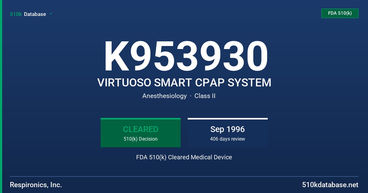 K953930 VIRTUOSO SMART CPAP SYSTEM FDA 510(k) Cleared Medical Device