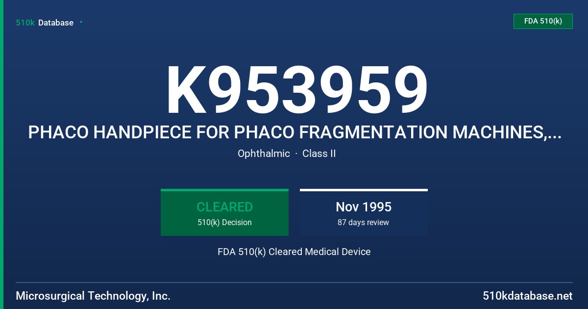 K953959 PHACO HANDPIECE FOR PHACO FRAGMENTATION MACHINES, PHACO SLEEVE FOR ATTACHMENT TO PHACO HANDPIECES FDA 510(k) Cleared Medical Device