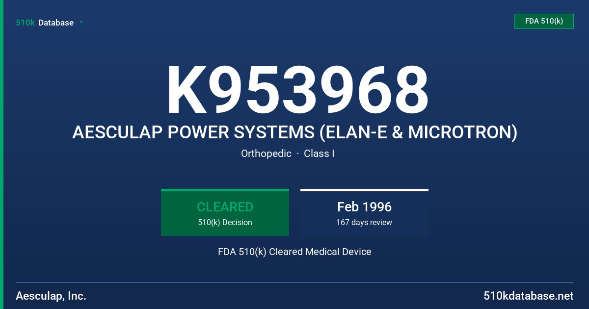 K953968 AESCULAP POWER SYSTEMS (ELAN-E & MICROTRON) FDA 510(k) Cleared Medical Device