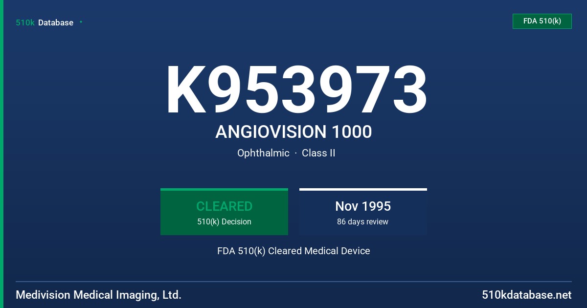 K953973 ANGIOVISION 1000 FDA 510(k) Cleared Medical Device