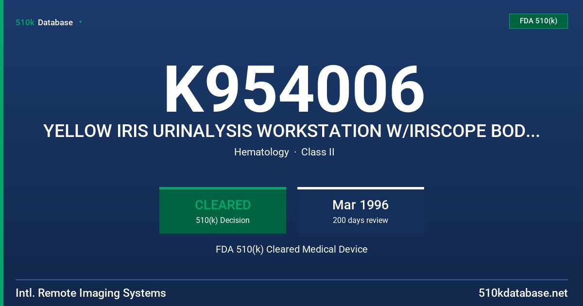 K954006 YELLOW IRIS URINALYSIS WORKSTATION W/IRISCOPE BODY FLUID ANALYSIS CAPABILITY FDA 510(k) Cleared Medical Device