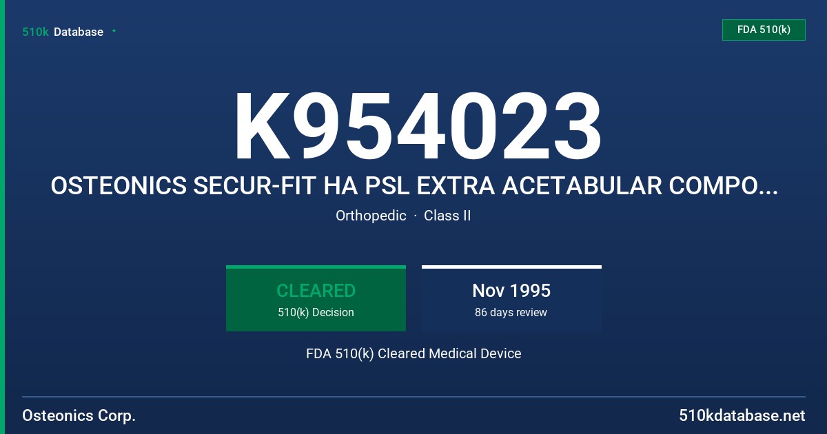 K954023 OSTEONICS SECUR-FIT HA PSL EXTRA ACETABULAR COMPONENT SYSTEM FDA 510(k) Cleared Medical Device