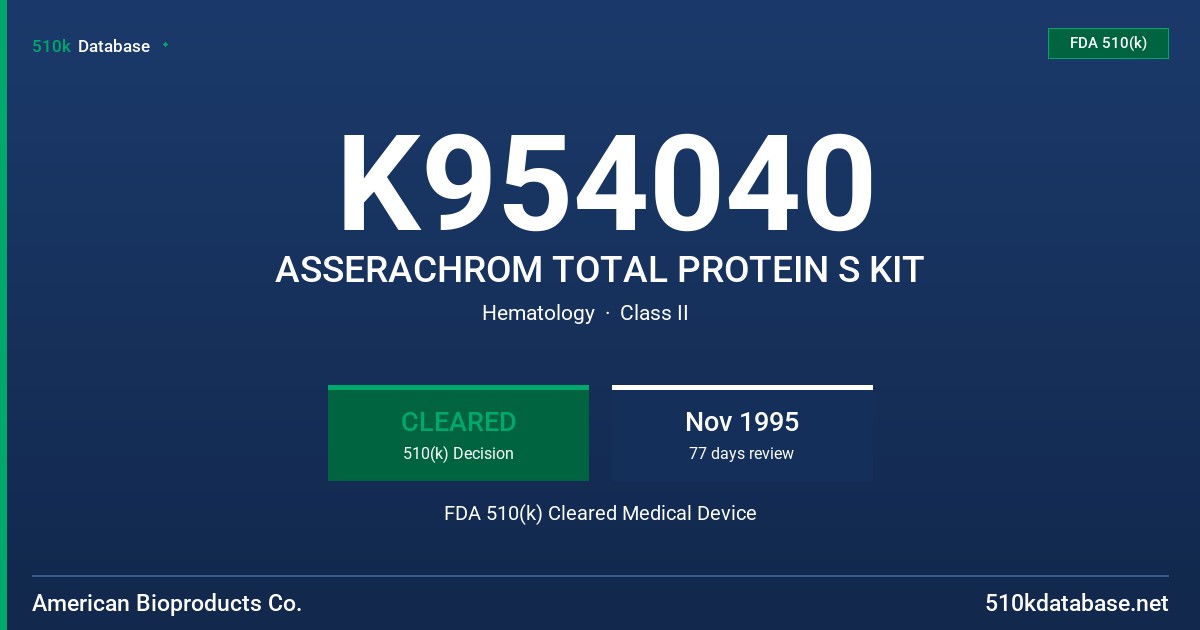 K954040 ASSERACHROM TOTAL PROTEIN S KIT FDA 510(k) Cleared Medical Device