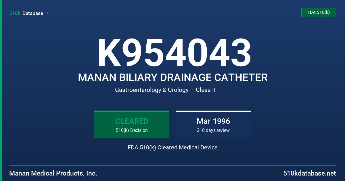 K954043 MANAN BILIARY DRAINAGE CATHETER FDA 510(k) Cleared Medical Device