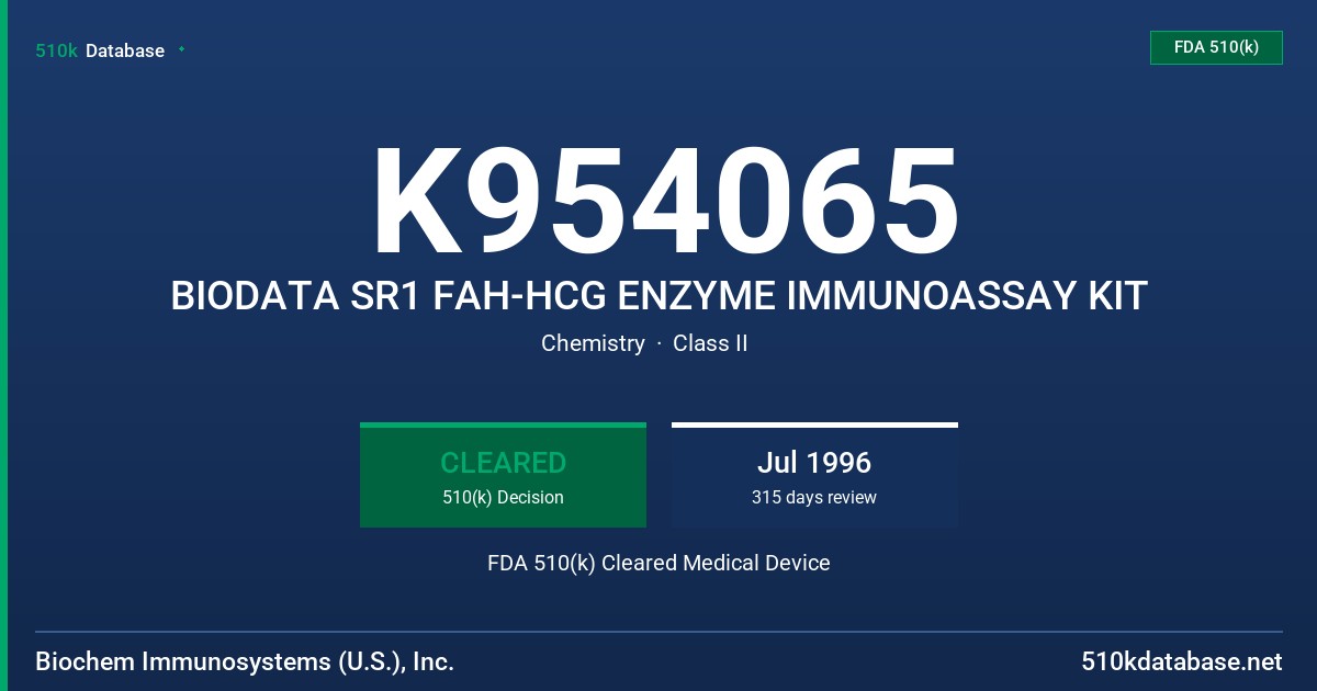 K954065 BIODATA SR1 FAH-HCG ENZYME IMMUNOASSAY KIT FDA 510(k) Cleared Medical Device