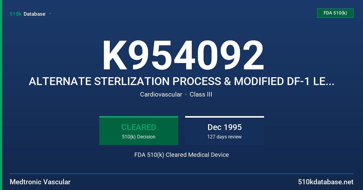K954092 ALTERNATE STERLIZATION PROCESS & MODIFIED DF-1 LEAD CONNECTOR (MODIFICATION) FDA 510(k) Cleared Medical Device