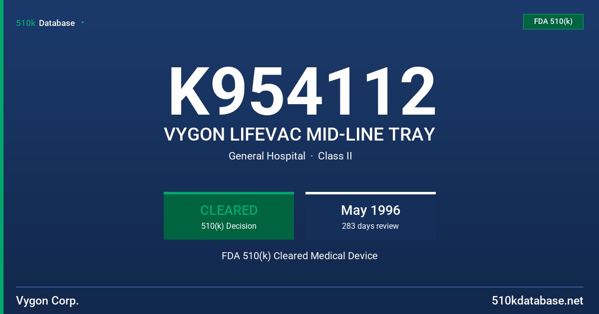 K954112 VYGON LIFEVAC MID-LINE TRAY FDA 510(k) Cleared Medical Device