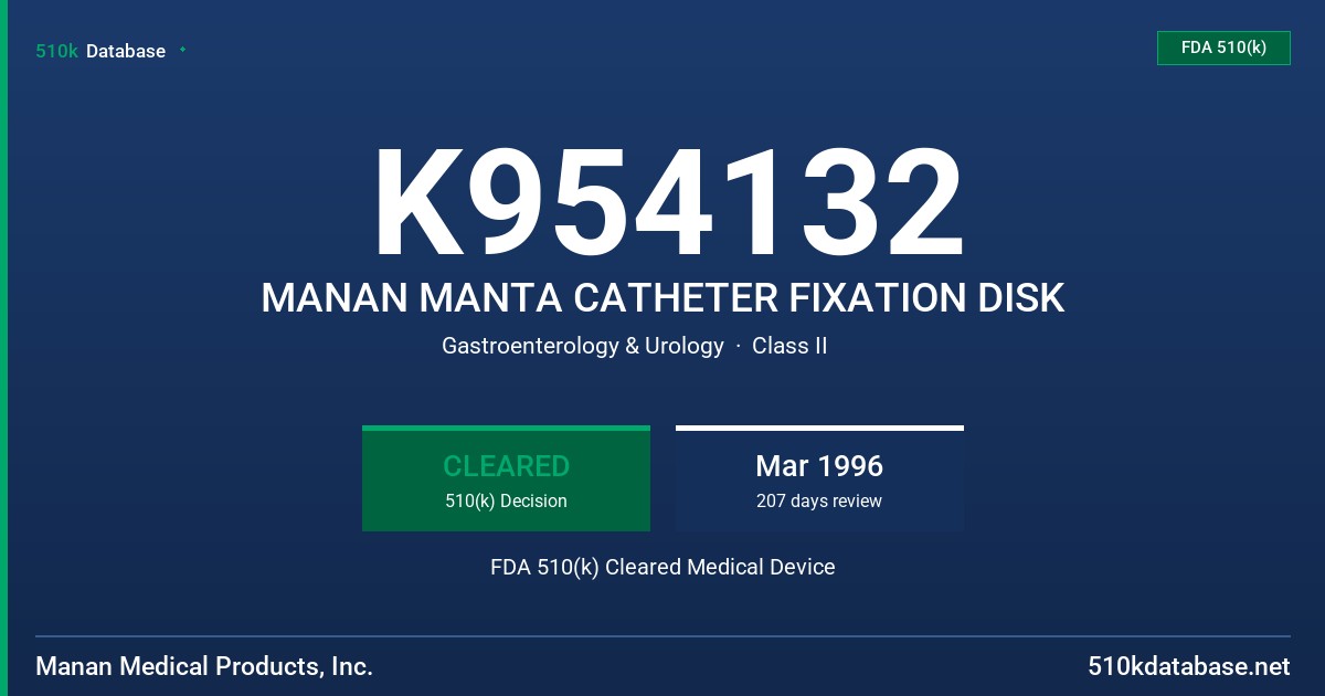 K954132 MANAN MANTA CATHETER FIXATION DISK FDA 510(k) Cleared Medical Device