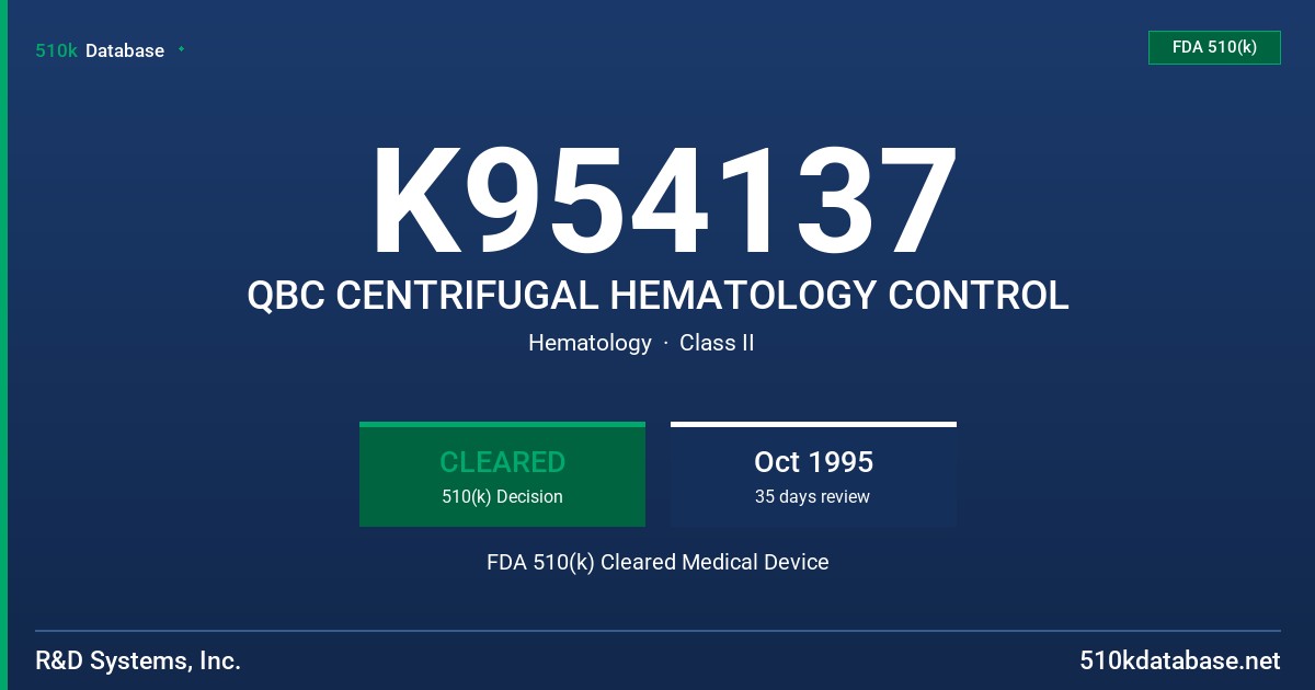 K954137 QBC CENTRIFUGAL HEMATOLOGY CONTROL FDA 510(k) Cleared Medical Device