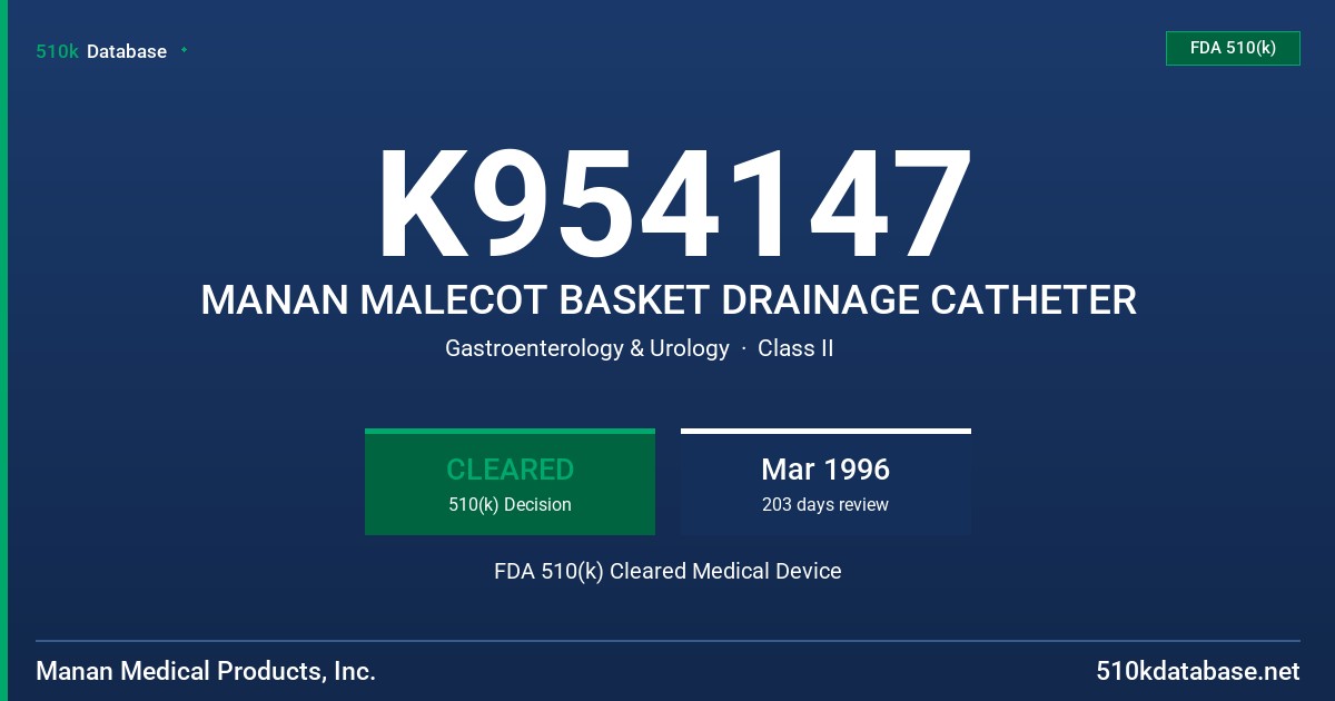 K954147 MANAN MALECOT BASKET DRAINAGE CATHETER FDA 510(k) Cleared Medical Device