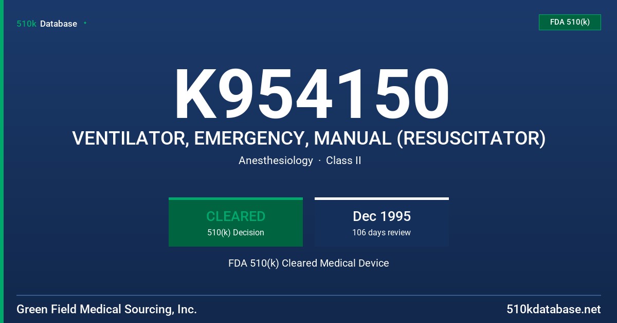 K954150 VENTILATOR, EMERGENCY, MANUAL (RESUSCITATOR) FDA 510(k) Cleared Medical Device