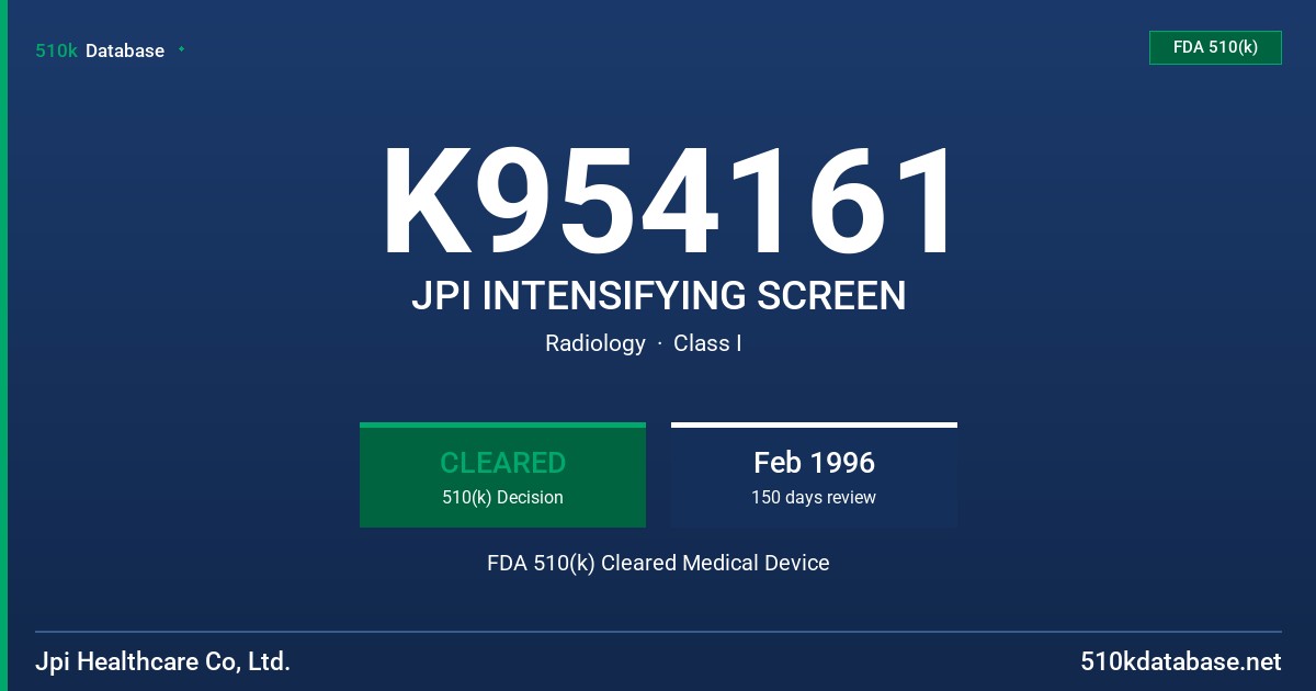 K954161 JPI INTENSIFYING SCREEN FDA 510(k) Cleared Medical Device