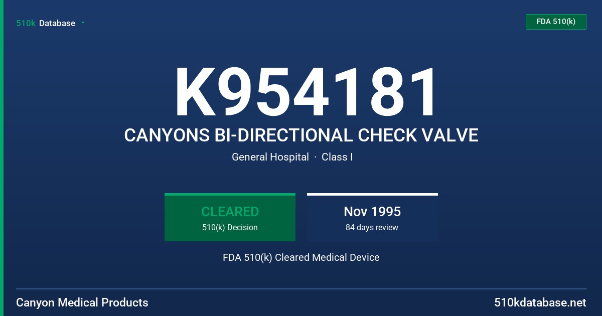 K954181 CANYONS BI-DIRECTIONAL CHECK VALVE FDA 510(k) Cleared Medical Device
