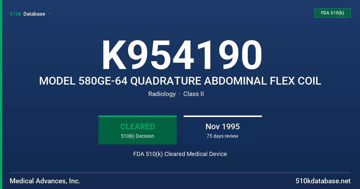 K954190 MODEL 580GE-64 QUADRATURE ABDOMINAL FLEX COIL FDA 510(k) Cleared Medical Device