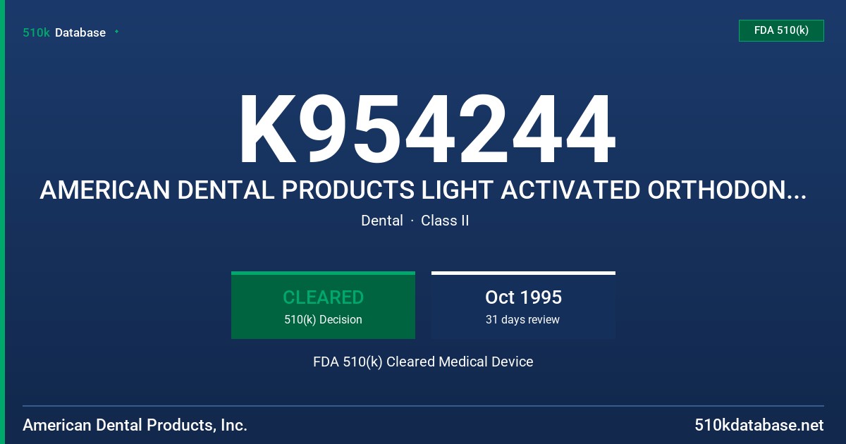 K954244 AMERICAN DENTAL PRODUCTS LIGHT ACTIVATED ORTHODONTIC ADHESIVE BONDING SYSTEM W/FLUORIDE FDA 510(k) Cleared Medical Device