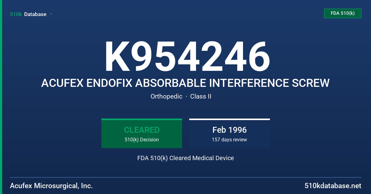 K954246 ACUFEX ENDOFIX ABSORBABLE INTERFERENCE SCREW FDA 510(k) Cleared Medical Device