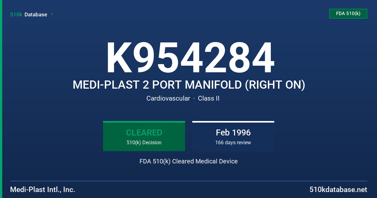 K954284 MEDI-PLAST 2 PORT MANIFOLD (RIGHT ON) FDA 510(k) Cleared Medical Device