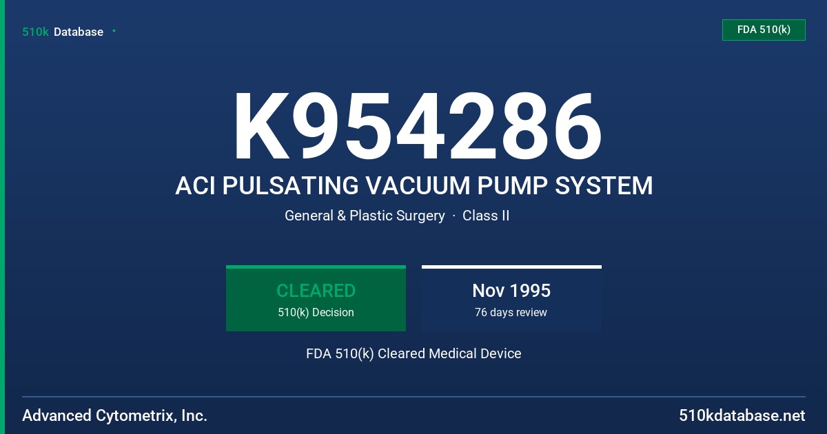 K954286 ACI PULSATING VACUUM PUMP SYSTEM FDA 510(k) Cleared Medical Device