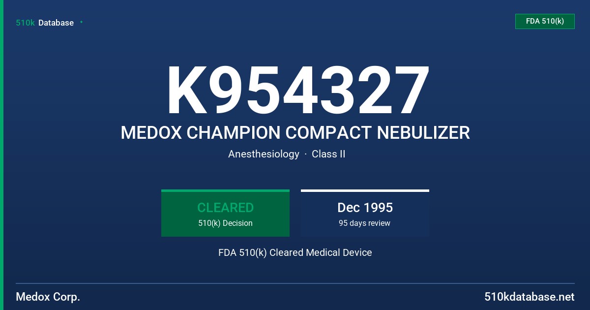 K954327 MEDOX CHAMPION COMPACT NEBULIZER FDA 510(k) Cleared Medical Device