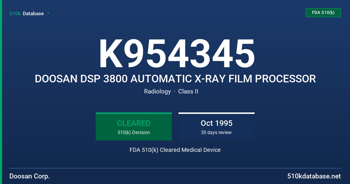 K954345 DOOSAN DSP 3800 AUTOMATIC X-RAY FILM PROCESSOR FDA 510(k) Cleared Medical Device