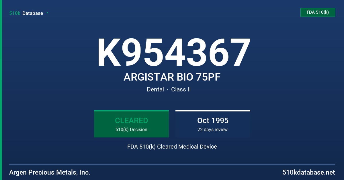 K954367 ARGISTAR BIO 75PF FDA 510(k) Cleared Medical Device