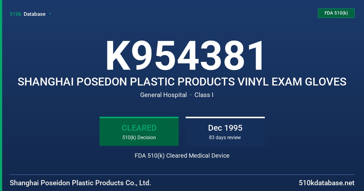 K954381 SHANGHAI POSEDON PLASTIC PRODUCTS VINYL EXAM GLOVES FDA 510(k) Cleared Medical Device
