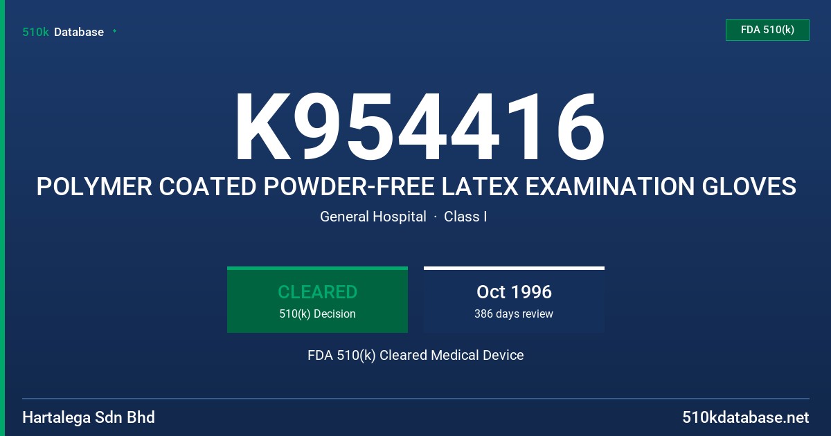K954416 POLYMER COATED POWDER-FREE LATEX EXAMINATION GLOVES FDA 510(k) Cleared Medical Device