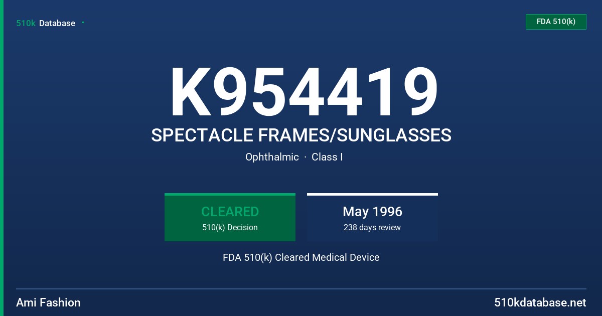 K954419 SPECTACLE FRAMES/SUNGLASSES FDA 510(k) Cleared Medical Device