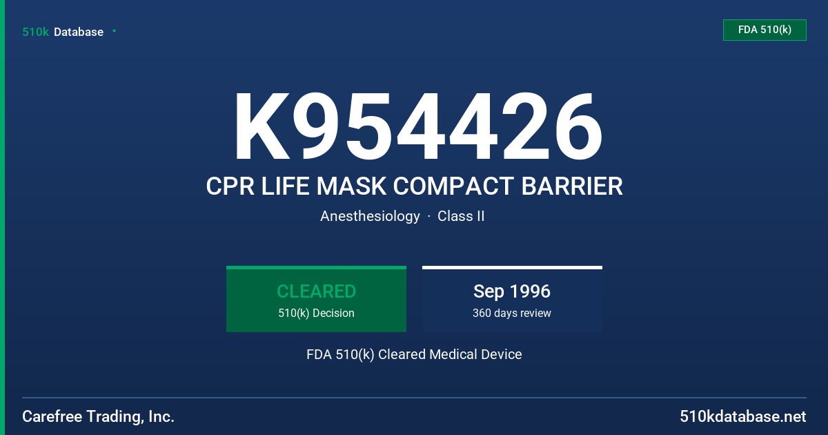 K954426 CPR LIFE MASK COMPACT BARRIER FDA 510(k) Cleared Medical Device