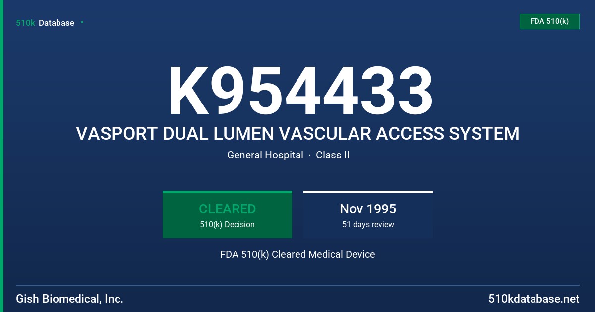 K954433 VASPORT DUAL LUMEN VASCULAR ACCESS SYSTEM FDA 510(k) Cleared Medical Device
