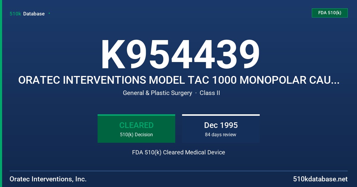 K954439 ORATEC INTERVENTIONS MODEL TAC 1000 MONOPOLAR CAUTERY PROBE FDA 510(k) Cleared Medical Device
