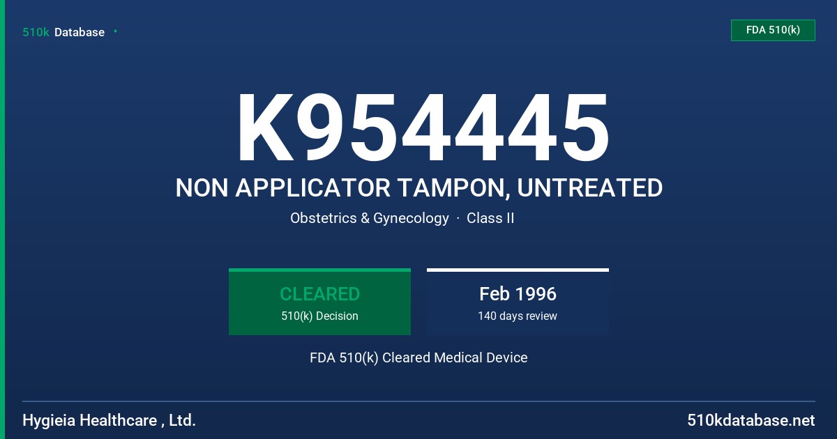 K954445 NON APPLICATOR TAMPON, UNTREATED FDA 510(k) Cleared Medical Device