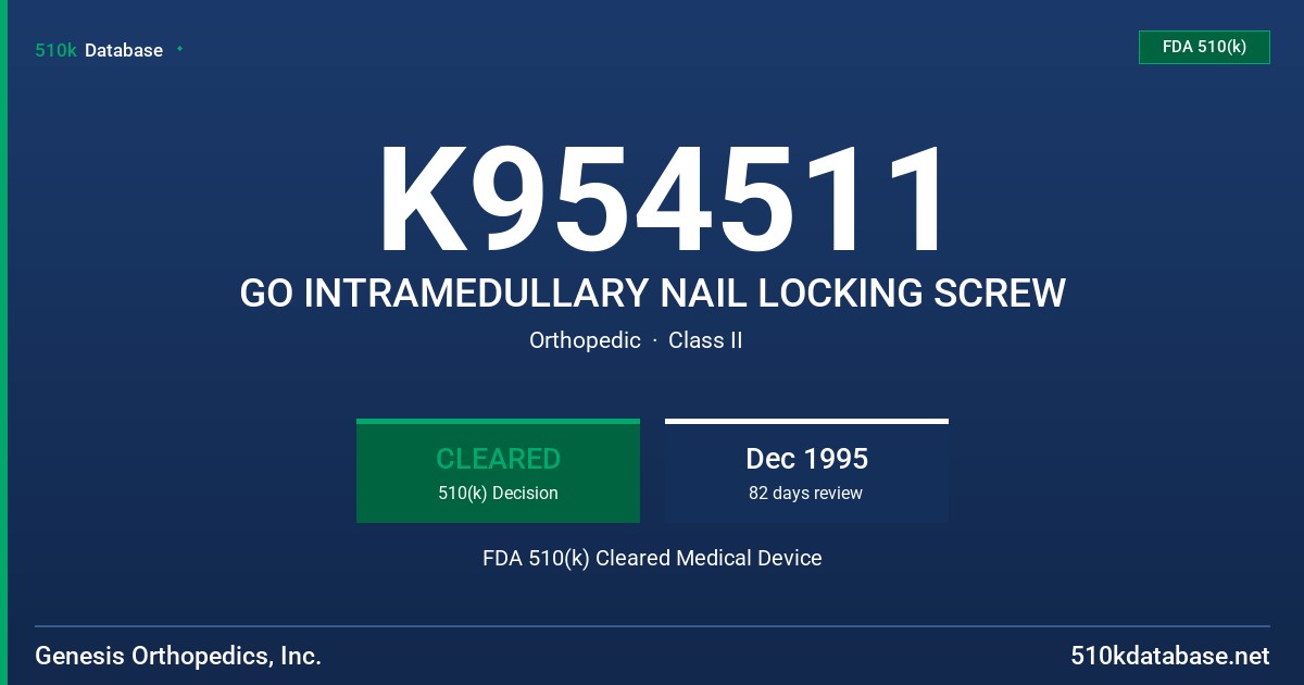 K954511 GO INTRAMEDULLARY NAIL LOCKING SCREW FDA 510(k) Cleared Medical Device