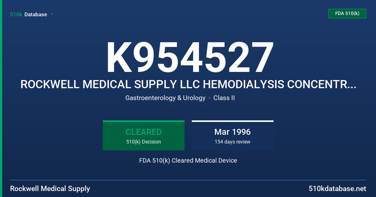K954527 ROCKWELL MEDICAL SUPPLY LLC HEMODIALYSIS CONCENTRATE SOLUTIONS & POWDERS FDA 510(k) Cleared Medical Device