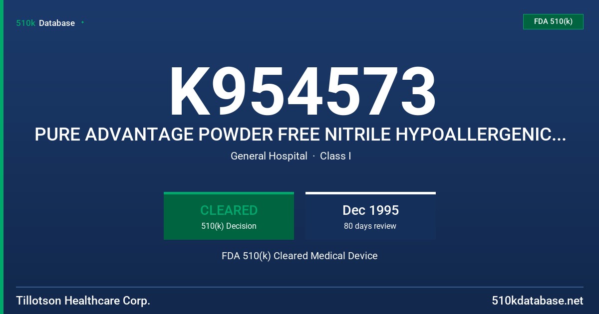 K954573 PURE ADVANTAGE POWDER FREE NITRILE HYPOALLERGENIC PATIENT EXAMINATION GLOVES FDA 510(k) Cleared Medical Device