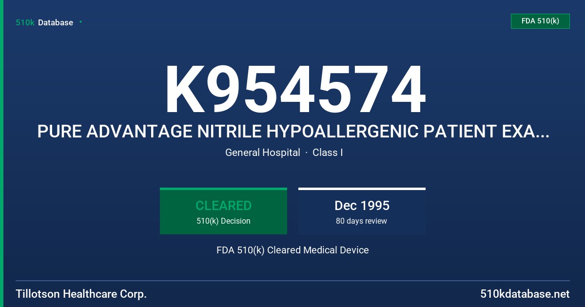 K954574 PURE ADVANTAGE NITRILE HYPOALLERGENIC PATIENT EXAMINATION GLOVES FDA 510(k) Cleared Medical Device