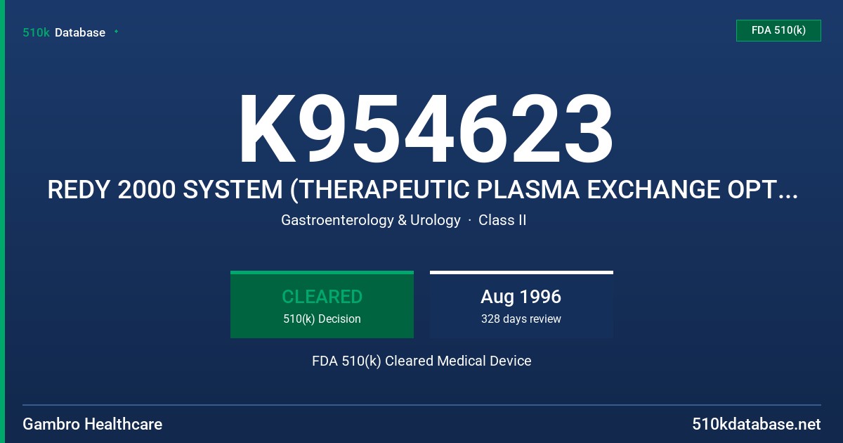 K954623 REDY 2000 SYSTEM (THERAPEUTIC PLASMA EXCHANGE OPTION AND MONITORING LINE Y-CONNECTOR) FDA 510(k) Cleared Medical Device