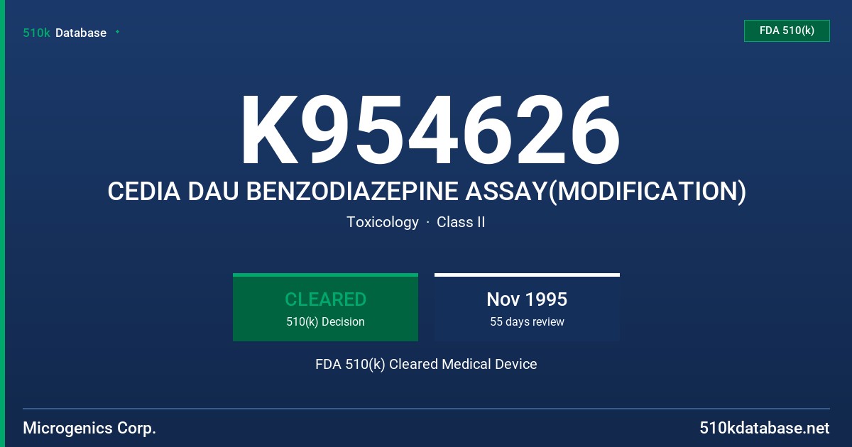 K954626 CEDIA DAU BENZODIAZEPINE ASSAY(MODIFICATION) FDA 510(k) Cleared Medical Device