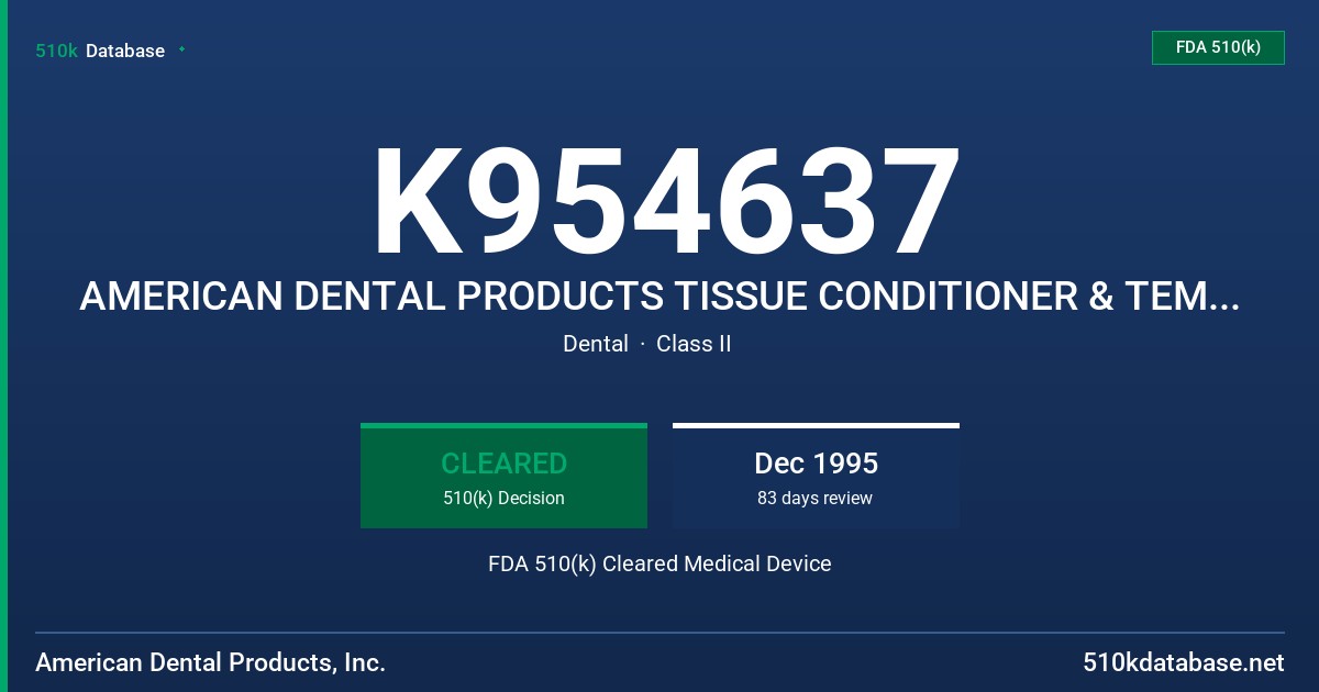 K954637 AMERICAN DENTAL PRODUCTS TISSUE CONDITIONER & TEMPORARY RELINER FDA 510(k) Cleared Medical Device