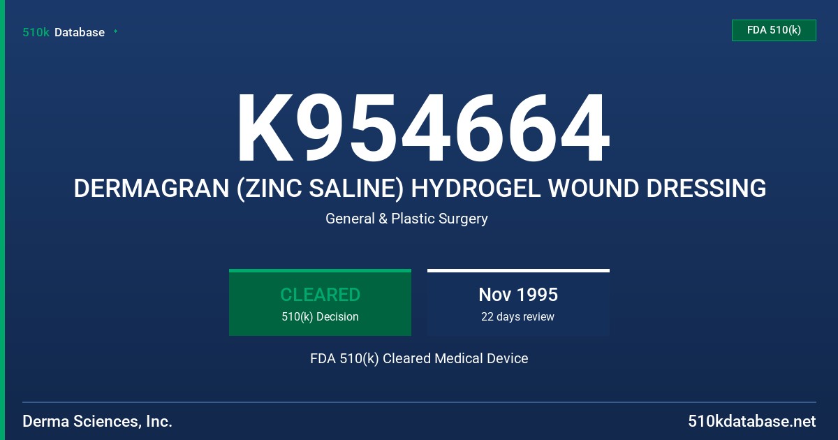 K954664 DERMAGRAN (ZINC SALINE) HYDROGEL WOUND DRESSING FDA 510(k) Cleared Medical Device